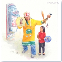 Watercolor Portrait of Tlingit George Dalton and Great Granddaughter by Peg Gerrity